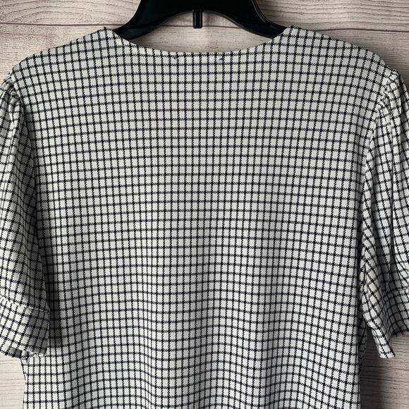 Adrianna Papell Black and White Check Blouse Puff Sleeves V Neckline Size Large - Picture 6 of 11